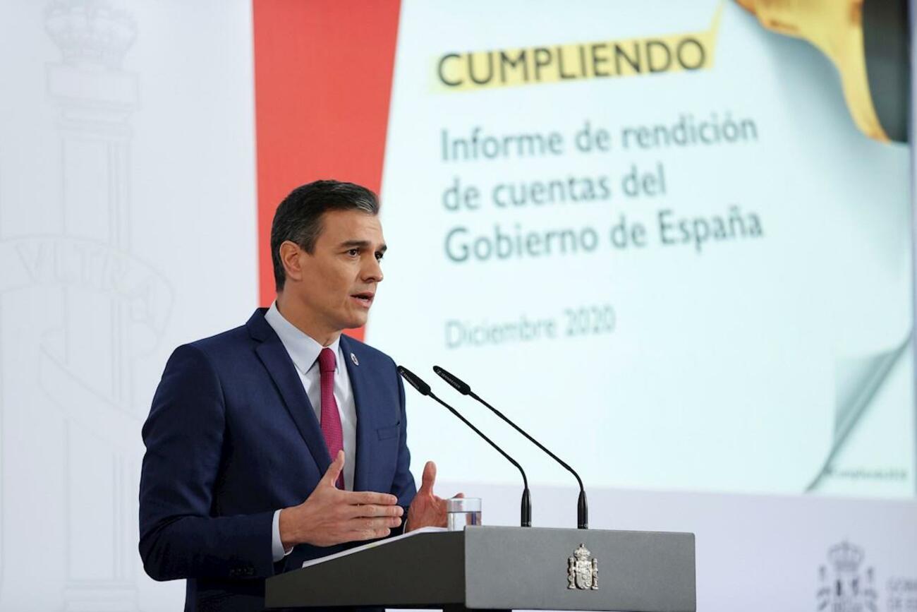 Pedro Sánchez en la rueda de prensa de final del año 2020 / EFE / CHEMA MOYA