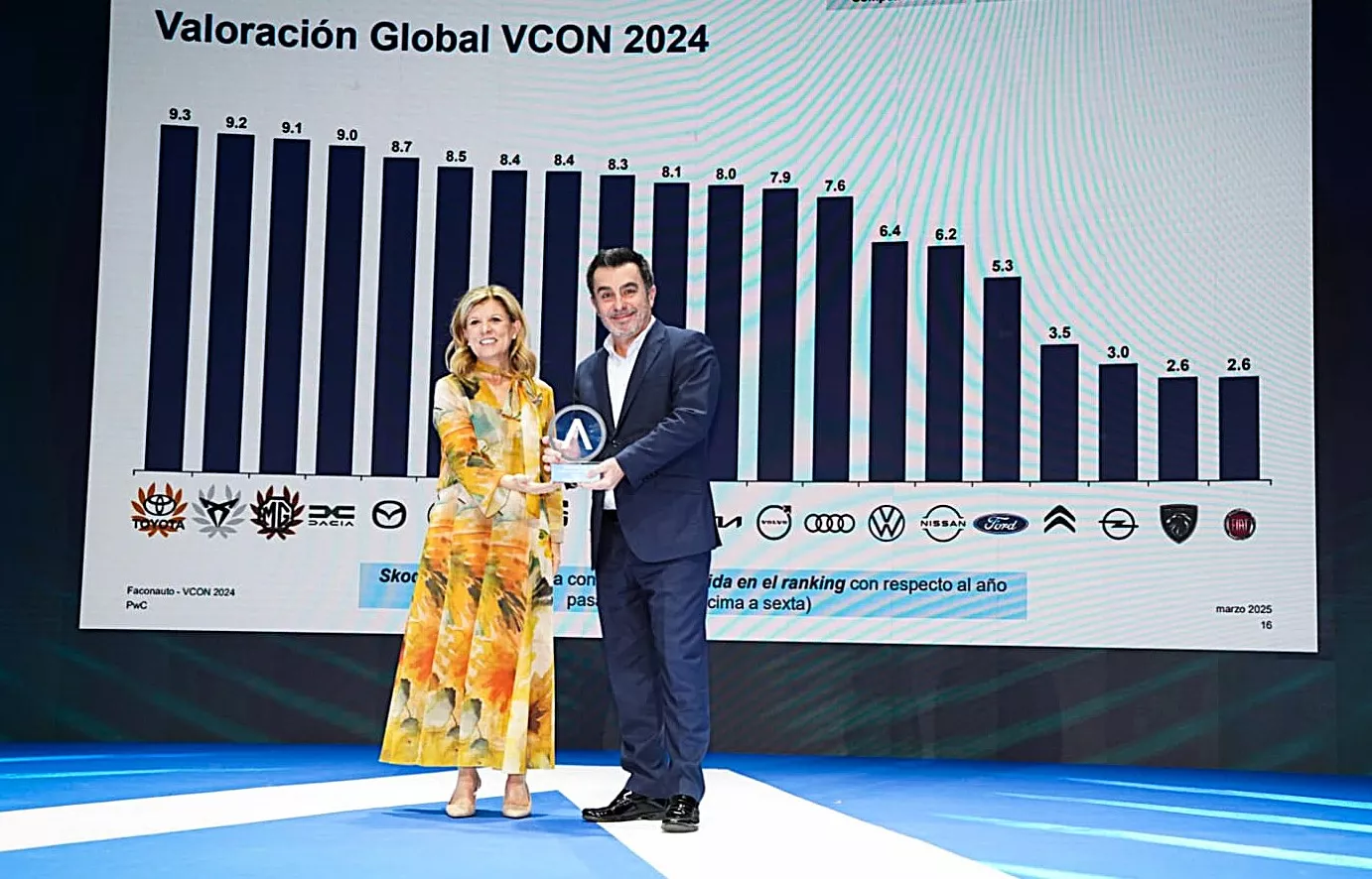 Marta Blázquez (Faconauto) entrega el premio a Antonio Vázquez (Toyota)