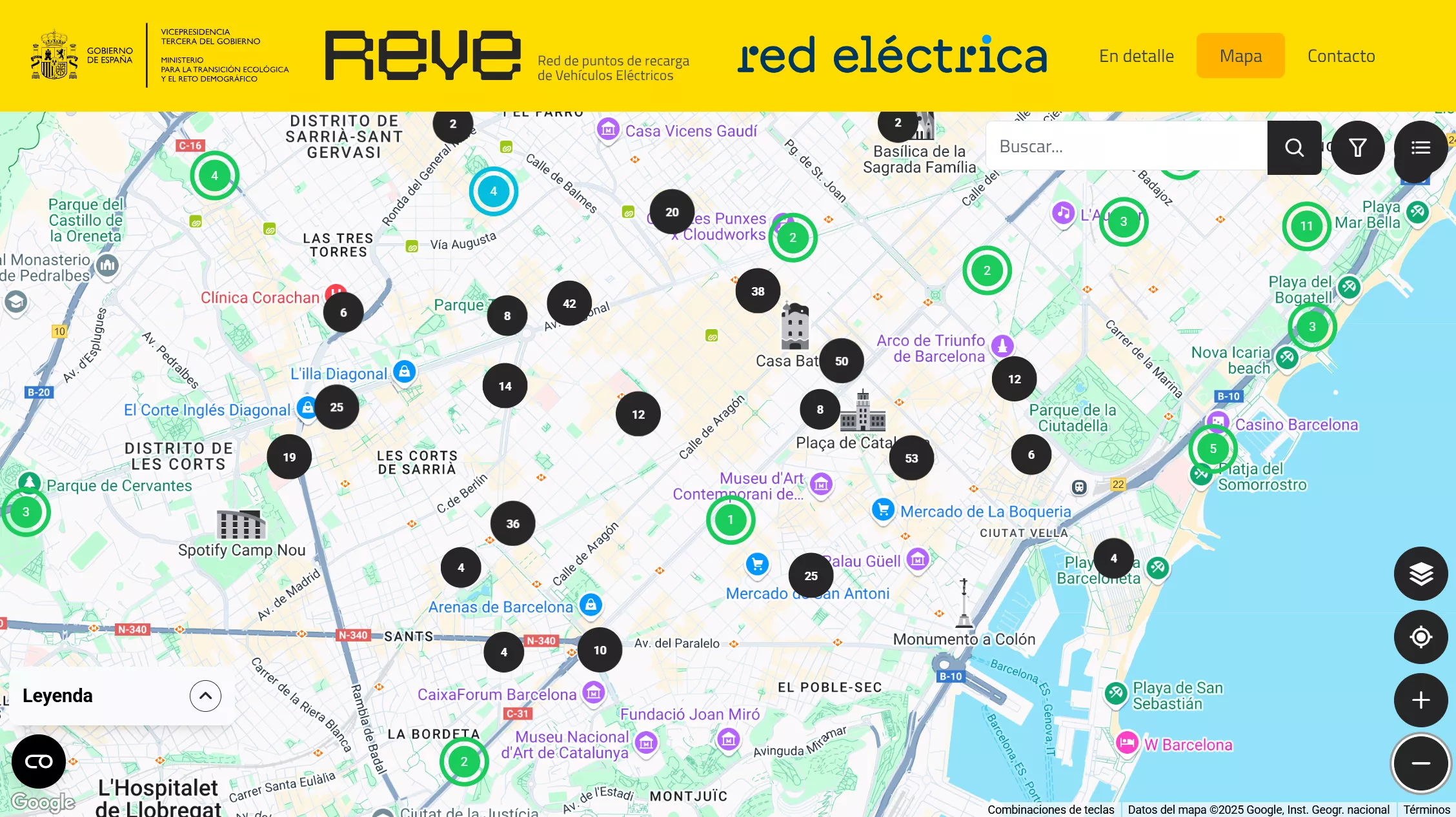 Mapa REVE de puntos de carga de eléctricos
