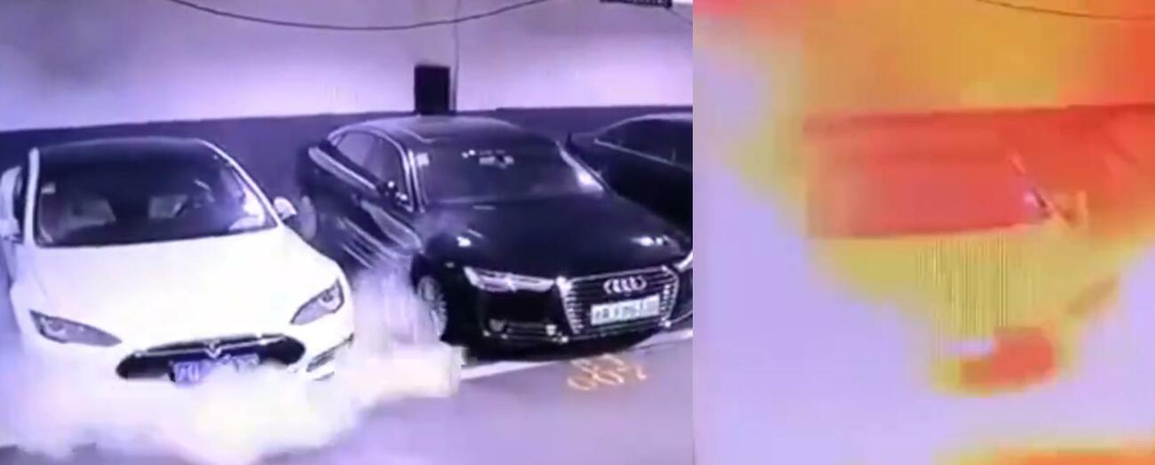 Secuencia del vídeo de la explosión espontánea de un Tesla Model S en China Secuencia del vídeo de la explosión espontánea de un Tesla Model S en China