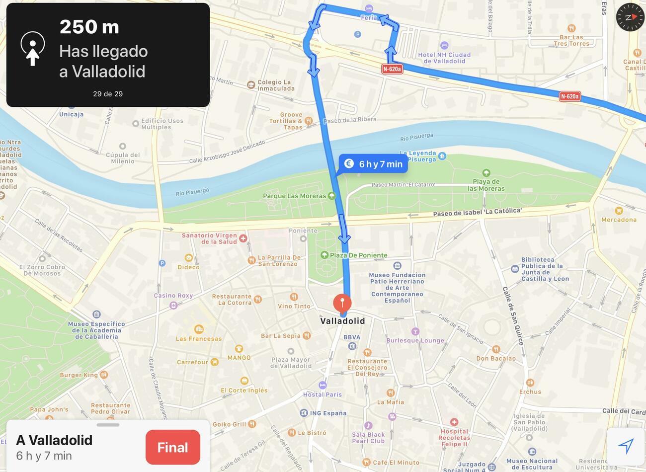 Captura de pantalla del navegador de Apple con la ruta a Valladolid en lugar de León.
